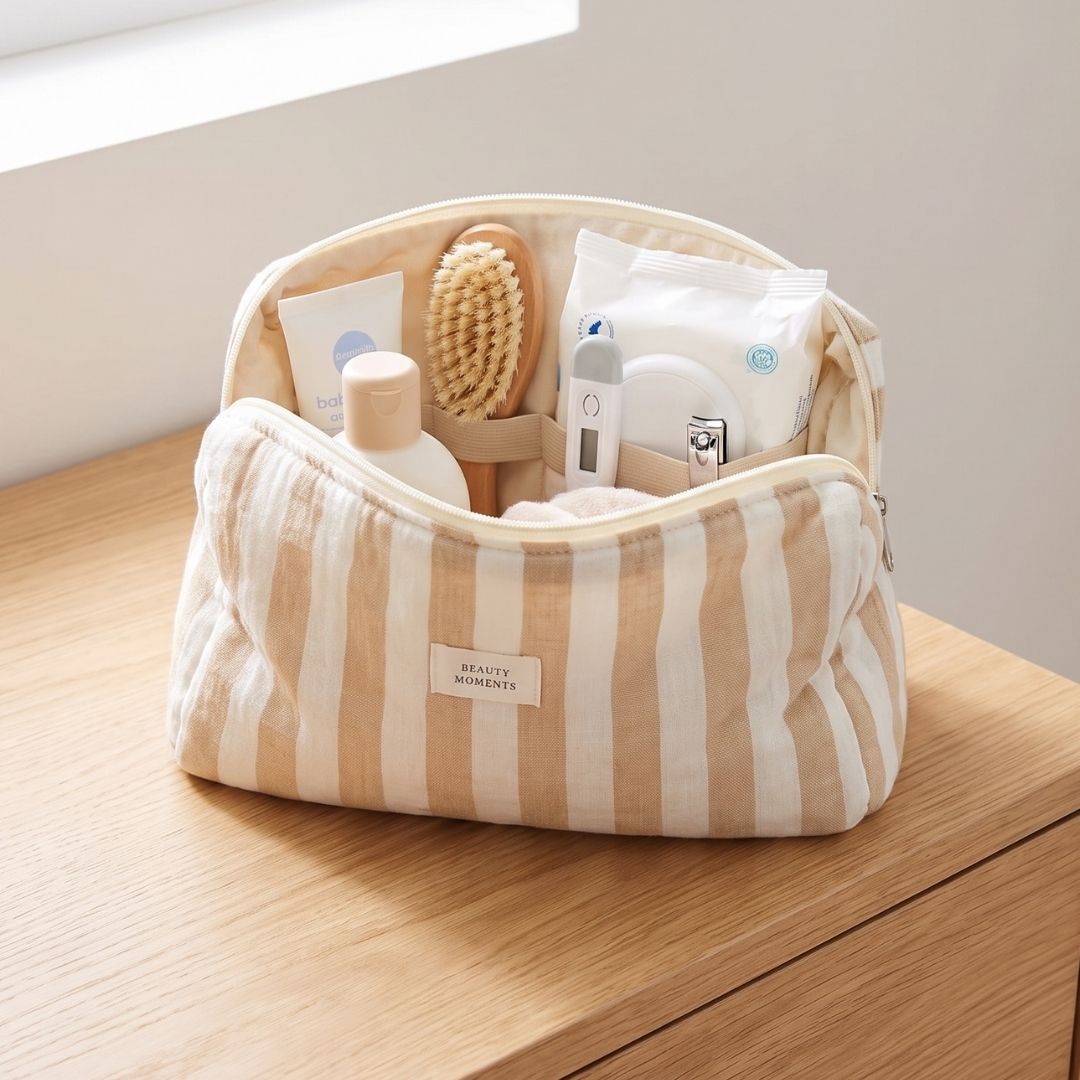 3 Neceser de Algodón Beige con rayas anchas pequeño - Imagen 1