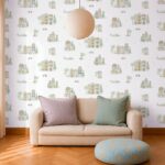 Papel pintado infantil casitas y palmeras beige - Imagen 2